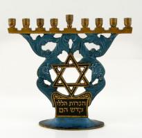 Hanukiah gyertyatartó, festett réz héber felirattal, m:16, h:18 cm