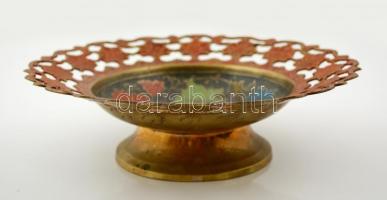 Áttört peremű réz tál, festett réz, foltos, m:6 cm, d:22 cm