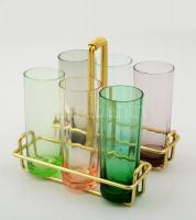 Réz pohártartó, 6 db különböző színű pohárral, hibátlan, 14×12 cm m:14 cm, m:11 cm (6×)