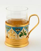 Zománc díszített fém csésze tartó, jelzett (szovjet), üveg pohárral, m:8 cm