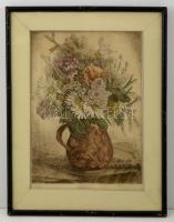 Klie Zoltán. (1897-1992): Kerti virágok. Színezett rézkarc, papír, jelzett, üvegezett keretben, 40×28 cm