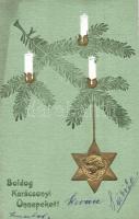 Boldog Karácsony Ünnepeket / Christmas greeting card, golden decorated candles and Emb. star, B. R. W. 392. (fl)