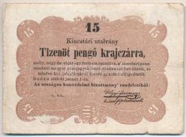 1849. 15kr Kossuth bankó T:III- tűly. Adamo G102