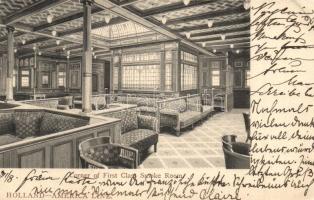 2 db RÉGI képeslap a holland-amerikai hajóútról, szoba belsők, étkező, dohányzó, első osztály / 2 pr...