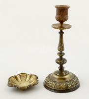 Rózsamintával díszített kis gyufatartó tálka, d: 8,5 cm + díszes gyertyatartó, m: 21,5 cm