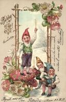 Boldog Új Évet! / New Year greeting card, dwarves, champagne, toast, mushrooms, golden decorated floral Emb. litho (EM)