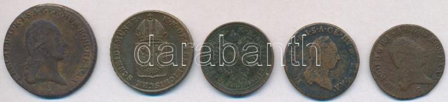 1790S 1kr Cu + 1800S 1kr Cu + 1800B 3kr Cu + 1851B 1kr Cu + Ausztria 1816A 1kr Cu T:2-,3 patina