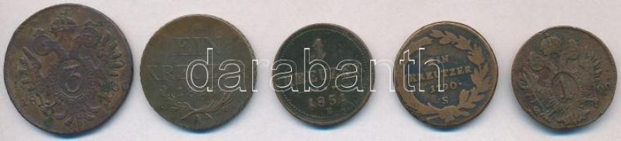 1790S 1kr Cu + 1800S 1kr Cu + 1800B 3kr Cu + 1851B 1kr Cu + Ausztria 1816A 1kr Cu T:2-,3 patina