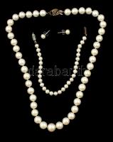 Gyöngy nyaklánc, karkötő, fülbevaló szett, ezüst szerelékkel, díszdobozban, hozzá pótszemekkel / Pea...