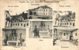 Székelyudvarhely, Odorheiu Secuiesc; Püspöki római katolikus leányiskola: homlokzat, udvar, kápolna, díszterem, oltár, belső / Roman catholic girls' school, chapel, altar, interior (fl)