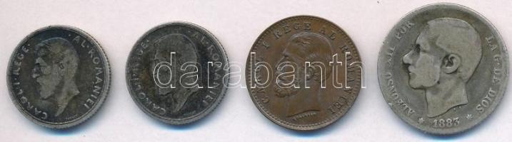 Vegyes: Románia 1900B 2b Cu + 1912-1914. 50b Ag "I. Károly" (2x) + Spanyolország 1883. 1P ...