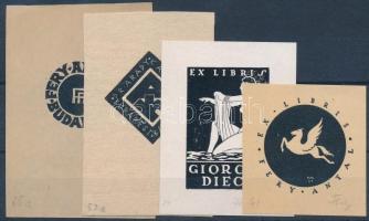 Fery Antal (1908-1944) 4db ex libris. Fametszet, linó, klisé, papír. Jelzettek különböző méretben