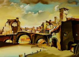 Fassel L'ousa Ferenc (1915-2009): Mediterrán város részlet. Olaj, farost jelzett, keretben, 50×70 cm