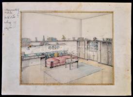 Jelzés nélkül: Art- deco nappali belső. Színes ceruza, hártyapapír, kis gyűrődéssel, 22×29 cm, cca 1...