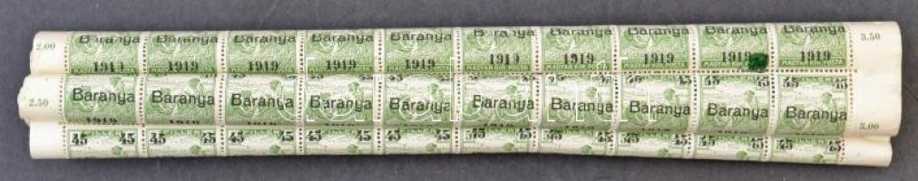 Baranya I. 1919 Arató 45f/5f összepöndörödött, elvált teljes ív, benne nyomdai eltérések, Bodor vizsgálójellel (min 40.000)