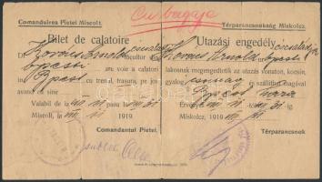 1919 Román megszálló hatóságok által kiállított utazási igazolvány. Miskolci Térparancsnokság. / Romanian issued premission