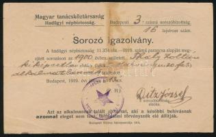 1919 Tanácsköztársasági sorozó igazolvány.