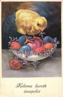 Kellemes húsvéti ünnepeket! / Easter greeting card, chicken, eggs, Erika Nr. 4053. (EK)
