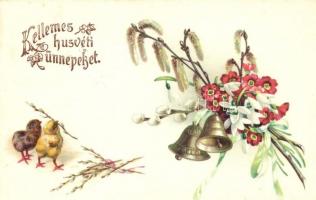 Kellemes húsvéti ünnepeket / Easter greeting card, chickens, floral litho (EK)