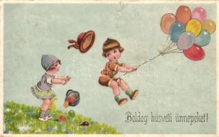 Kellemes húsvéti ünnepeket / Easter greeting card, children, airballoons, eggs (b)