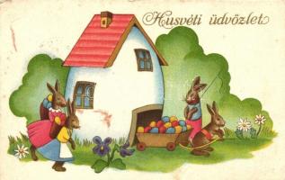 Húsvéti üdvözlet / Easter greeting card, rabbits, eggs, house, litho (EK)