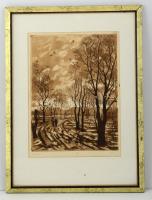 Blahos Rudolf (1917-1986): Erdei út. Rézkarc, papír, jelzett, 40×30 cm