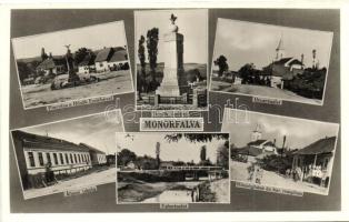 Monorfalva, Monor; Piac, Hősi Emlék, Állami iskola, Községháza, Római katolikus templom, utca, falurészlet, Illusztráció kiadása / market, heroes' monument, school, town hall, church, street, village