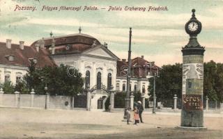 Pozsony, Pressburg, Bratislava; Frigyes főhercegi palota, hirdetőoszlop, Kaufmann kiadása / royal palace