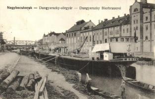 Nagybecskerek, Zrenjanin; Dungyerszky Bierbrauerei / part, sörgyár, "Ernő" uszály / Bega riverside, brewery, barge (EK)