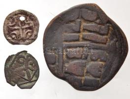 3db-os vegyes pénztétel, benne Magyarország 1131-1141. Denár Ag "II. Béla" (0,33g) + Bizánci Birodalom ~1030. AE Follis (13g) + 1db német? aprópénz T:3 ly. 3pcs of various coins, including Hungary 1131-1141. Denar Ag "Bela II" (0,33g) + Byzantine Empire ~1030. AE Follis (13g) + 1pc German? coin C:F hole Unger I.: 52.