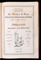 1896 Dr. Peters & Rost Fabrik und Lager chemischer Apparate und Utensilien. Preis-Liste über Apparate und Utensilien. Peters&Rost kémiai berendezések és eszközök katalógusa, német nyelven. Korabeli aranyozott félvászon-kötés, kissé kopottas borítóval, a hátsó szennylap hiányzik./ Contamporary half-linen-binding, in German language.