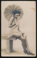 cca 1920-1930 Hölgy esernyővel, finoman erotikus fotó, P-C Paris, 9,5x8,5 cm / Erotic photo, 9,5x8,5 cm
