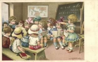 Italian art postcard, Children at school, CCM. 2612. s: A. Bertiglia (EK)