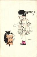 2 db RÉGI motívumos művészlap E. Weber aláírásával, lány papagájjal és macskával / 2 pre-1945 motive art postcards with the signature of E. Weber, Girl with parrot and cat, Nos. 1002/3 & 1002/6