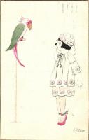 2 db RÉGI motívumos művészlap E. Weber aláírásával, lány papagájjal és macskával / 2 pre-1945 motive...