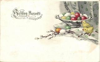 &#039;Boldog Húsvéti Ünnepeket&#039; / Easter greeting card, eggs and chickens, S.B. 5379. litho (EK)