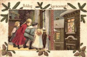 Boldog Karácsonyi Ünnepeket! / Christmas greeting card, children by the window, floral Emb. litho