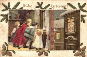 &#039;Boldog Karácsonyi Ünnepeket!&#039; / Christmas greeting card, children by the window, floral Emb. litho