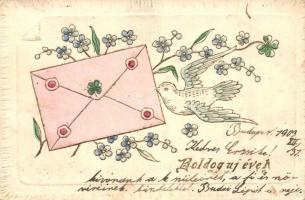 &#039;Boldog Új Évet!&#039; / New Year greeting card, dove with letter, floral Emb. (EK)