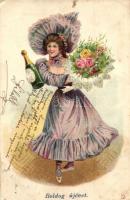 Boldog Új Évet! / New Year greeting card, lady with champagne and flowers, litho (EK)