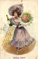 &#039;Boldog Új Évet!&#039; / New Year greeting card, lady with champagne and flowers, litho (EK)