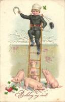 &#039;Boldog Új Évet!&#039; / New Year greeting card, chimney sweeper boy, pigs, horseshoe, clovers, Amag 2619. litho (EK)