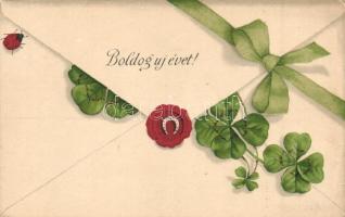 Boldog Új Évet! / New Year greeting card, letter, horseshoe, clovers, litho (EK)