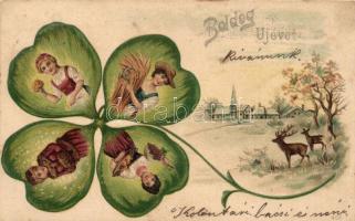 'Boldog Új Évet!' / New Year greeting card, clover with ladies,  reindeer, litho