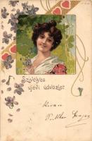 Boldog Új Évet! / New Year greeting card, lady, floral Art Nouveau litho (EK)