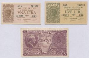 Olaszország 1944. 1L + 2L + 5L T:II-,III Italy 1944. 1 Lira + 2 Lire + 5 Lire C:VF,F Krause 29, 30, 31