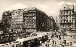 Budapest; Mórizs Zsigmond körtér, Astoria, villamosok, Kossuth híd, Deák tér az Ankert palotával. Ké...
