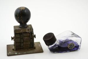 Régi bélyegző + tintásüveg, tartalommal