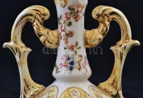 Fischer J. díszváza, kézzel festett, jelzett, kopott festés, m:20 cm