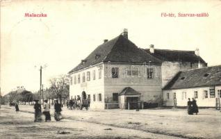 Malacka, Malacky; Fő tér, Szarvas szálló, kávéház, népbank / main square, hotel, café, bank